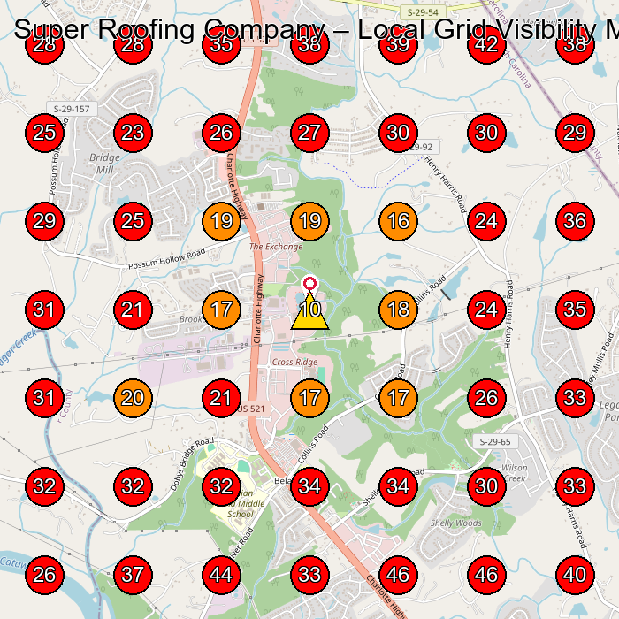 Super Roofing Company GeoGrid visibility map for Roofing Contractor in Charlotte